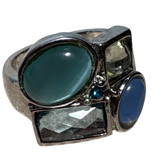 Multi Gemstone Silver Statement Ring With Aqua & Blue Stones Stunning Size 6.5 - Picture 1 of 10